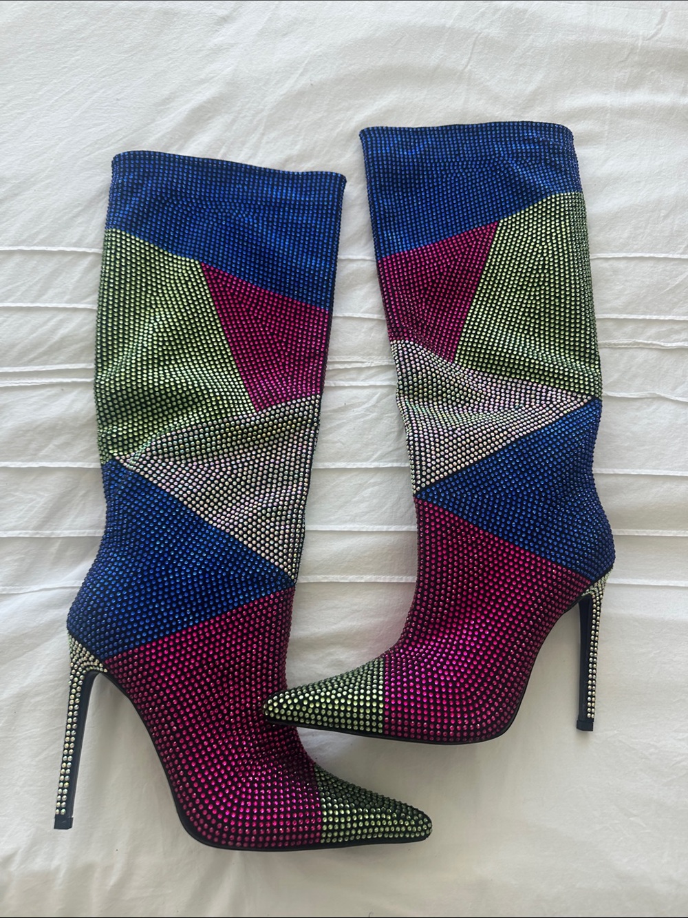 Embellished Multicolor Knee-High Stiletto Boots